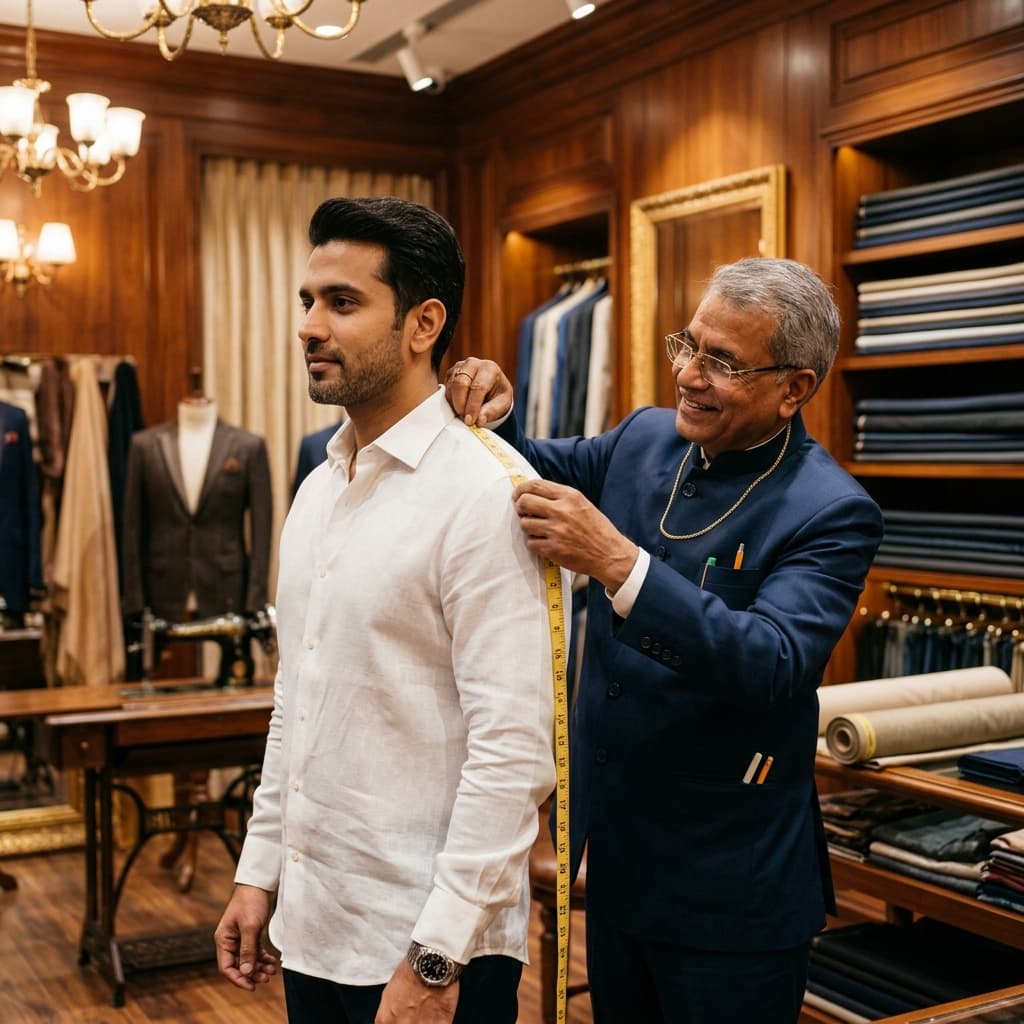 Master tailor taking detailed measurements